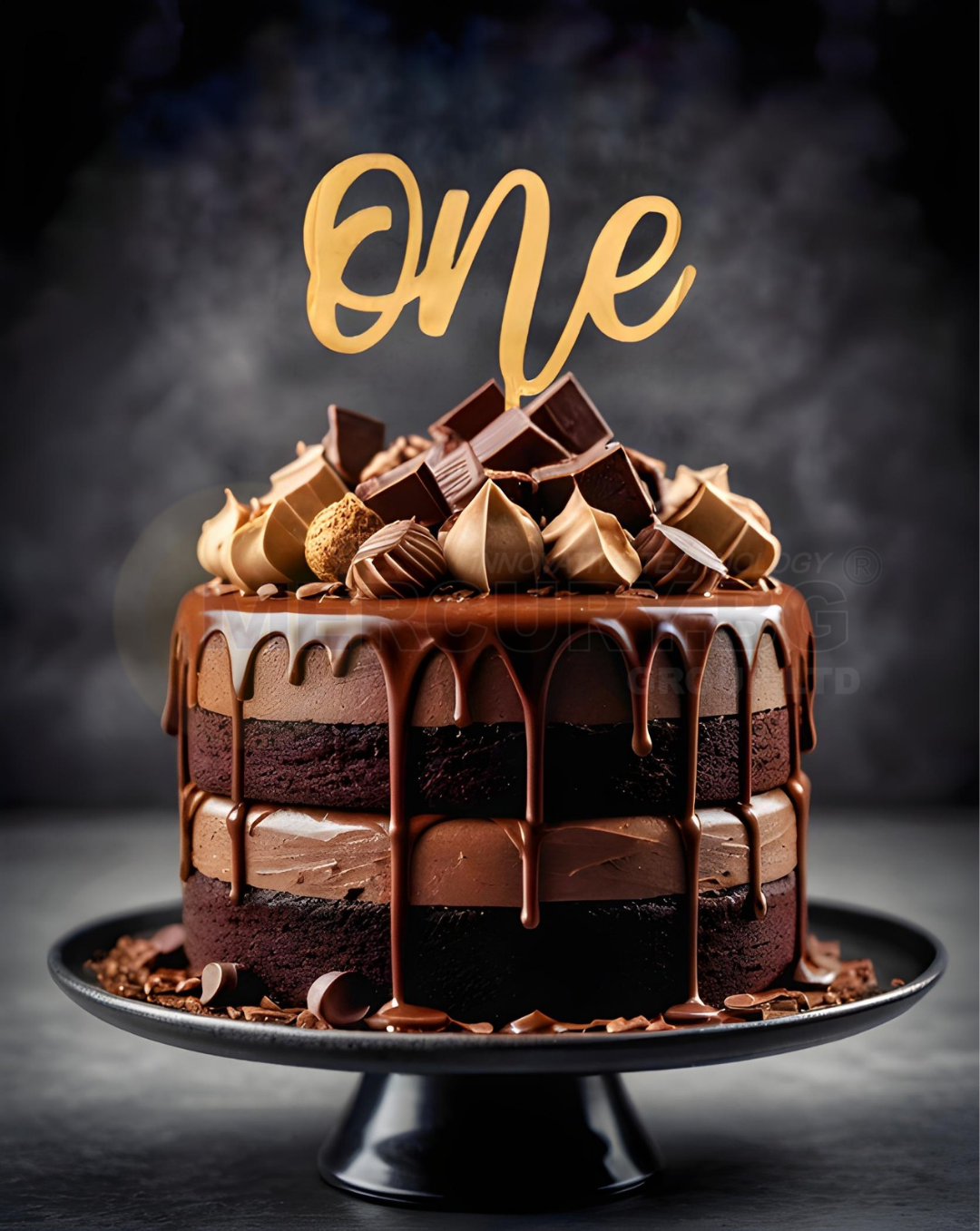 топер one направен от акрилно огледало върху торта